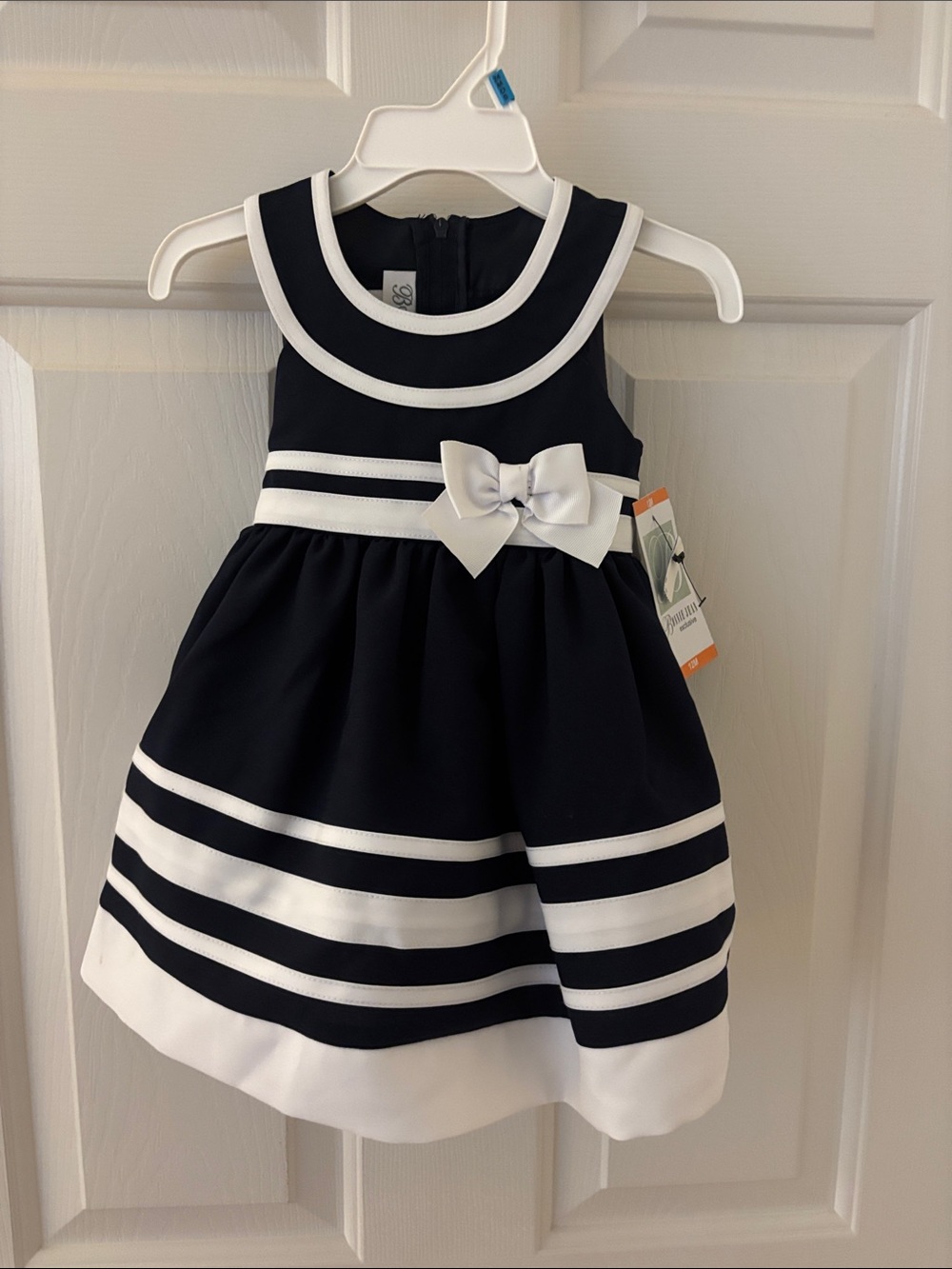 Bonnie Jean Navy and White Striped Bow-Accent Formal Dress